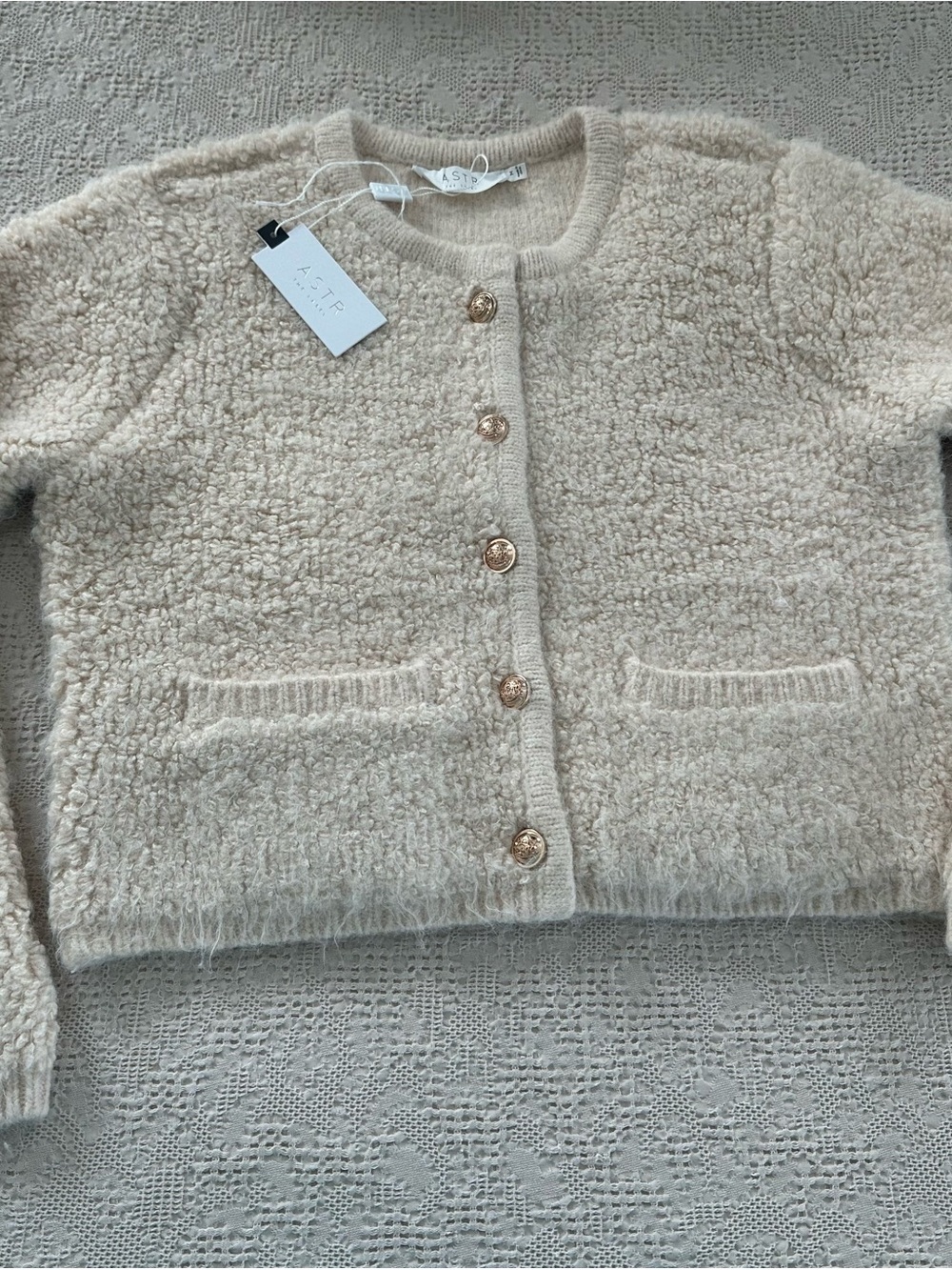 ASTR Cream Bouclé Knit Cardigan with Gold Buttons M NWT